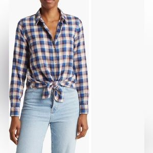 26.Madewell Plaid Flannel Tie-Front Shirt in Blue Shadow, Size Medium, NWOT